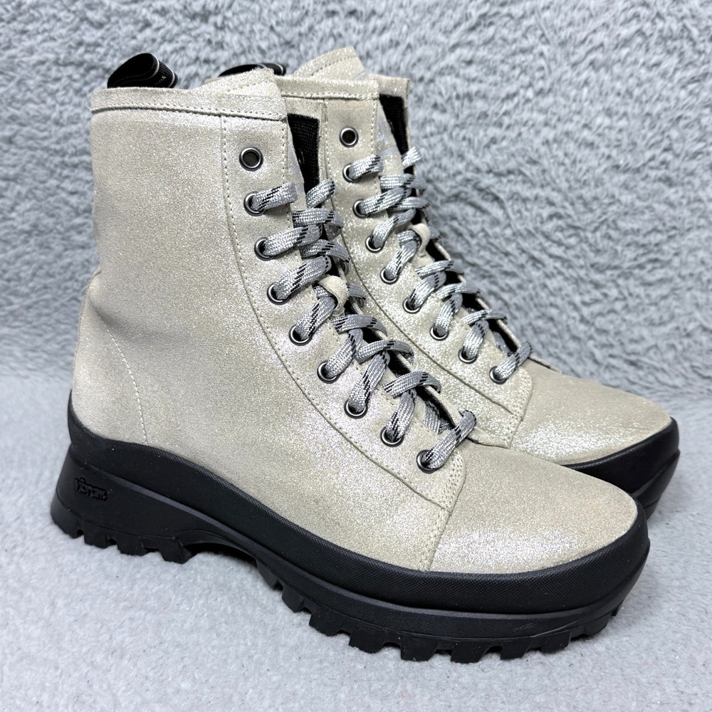 P448 Denise Womens Size 39 US 8-8.5 Platform Combat Boots Beige Glitter